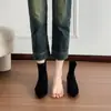 K18-1 Botas Curtas Elegantes de Salto Baixo Estilo Coreano para Mulheres, Novas Botas Slim de Bico Fino Outono e Inverno, Botas Elásticas de Camurça Preta