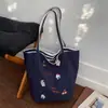 Bolso de Lona Nuevo Bordado de Perrito Cereza, Bolso de Hombro Rayado Doble Cara Simple y Versátil, Bolso Tote de Moda de Nicho para Mujeres