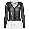 Estilo Europeo y Americano Verano 2026 Nuevo Cárdigan Cuello en V de un Solo Botón Encaje Transparente Top Sexy Hot Girl Camiseta de Retazos para Mujer