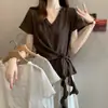 Camisa de Verano Nueva para Mujer Talla Grande, Cuello en V, Dobladillo Asimétrico, Cinturón de Lazo, Manga Corta