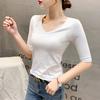 Camiseta de Modal de Manga Media para Mujer Primavera y Otoño Delgada Ajustada Cuello en V Base con Mascarilla Facial Top Cuello Corazón Cuerpo de Media Manga