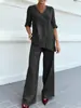 Conjunto de Top de Manga Média com Decote V Liso de Algodão e Linho e Calça Casual Reta Solta Feminina Transfronteiriça Europeia e Americana Novo 2026