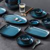 Vajilla Azul Esmaltada al Horno Cerámica Retro Japonesa Creativa Rayada Plato Hondo Tazón de Arroz Tazón de Sopa Juego de Platos para el Hogar