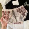 Sexy Estampado de Leopardo Encaje Corte con Lazo en la Espalda Malla Hermosos Glúteos Calzones de Cintura Media para Mujer con Entrepierna Extendida