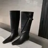 Botas de Caballero de Piel de Vaca Botas con Hebilla de Cinturón para Mujer Invierno Nuevo Estilo Piel Genuina Punta Cuadrada Tacón Bajo Botas Altas hasta la Rodilla Botas Rectas para Mujer Botas Altas