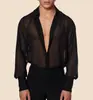 Camisa Negra Delgada Transparente de Gasa para Hombre Corte Slim Talla Europea Transpirable Top Casual Ropa de Performance para Club Nocturno para Hombre