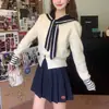 Estilo Coreano Outono e Inverno Novo Doce Redutor de Idade Simples Azul Marinho Estilo Academia Gola Xale Colorida Contrastante Pequeno Cardigã de Tricô para Mulheres