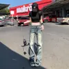 Jeans retro americano lavado com barra levemente alargada, perna estreita a larga, para mulheres baixinhas, jeans reto solto de cintura alta para o verão, que afina.