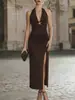Vestido de Verano y Primavera para Mujer con Cuello Halter y Escote en V, Estilo Elegante Francés, Corte Ajustado, Sin Mangas, Abertura, Bodycon, Adecuado para Fiestas