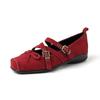 Fivela de Cinto Doce e Cool com Laço Sapato Mary Jane de Veludo de Vaca 2025 Salto Baixo Grosso Bico Quadrado Couro Sapatos Individuais Tamanho 42 plus size