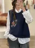 Outono 2026 Novo Fio de Algodão Bordado Vintage Gola Redonda Tricô Colete Pulôver Solto Casual Colete para Mulheres