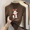 Ropa interior para niñas con forro polar, nuevo estilo otoño/invierno, manga larga, a la moda, cuello semi-alto, cálida, top estampado para niñas pequeñas y grandes