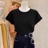 T-shirt Feminina de Algodão Puro Manga Curta Cor Sólida Ombro a Ombro Plus Size Moda Elegante Versátil Redutora de Idade Emagrecedora para o Verão