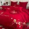 Juego de Cama de Boda Centenario de Cuatro Piezas Algodón Puro Habitación de Boda Sábanas de Cama de Boda Funda de Edredón Rojo Grande Ropa de Cama para Recién Casados