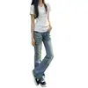 Jeans acampanados de tiro bajo de alta calle americanos para mujer, nuevo estilo de verano con un diseño único para chicas a la moda, corte ajustado, versátiles y elásticos