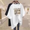 Camiseta de manga curta de comprimento médio interno de algodão damasco para mulheres 2024 início da primavera nova camisa europeia solta