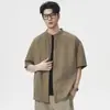Camisa Masculina de Manga Curta em Tencel 2026 Verão Fina com Sensação Fresca Nova Camisa Estilo Chinês Gola Alta Camisa de Seda Gelada Masculina Venda por Atacado