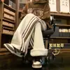 Pantalones Deportivos Vintage Estilo Americano para Hombre Moda de Invierno Marca Color de Contraste Raya Pantalones Forrados de Polar Sueltos Casual Rectos