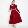 Vestido Transfronterizo Retro de Encaje con Cuello Alto, Manga Farol, Cintura Abotonada y Dobladillo Amplio, Falda Elegante de Largo Medio con Cinturón