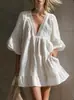 Nuevo Vestido de Encaje con Cuello en V Estilo Bohemio para Mujer Falda Mini Holgada de Vacaciones Cubre-traje de Playa