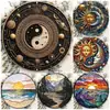 Letrero redondo de hojalata con efecto vidriera vintage con sol, luna, flores, pájaros y paisaje, pintura decorativa patriótica en placa de aluminio y hojalata para comercio transfronterizo