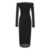 Vestido longo de manga comprida ombro a ombro estilo francês, puro e sexy, com cintura marcada, renda plissada, saia justa ao corpo e fenda nas costas