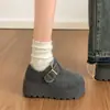 Zapatos de Lana Grises Estilo Birkenstock para Mujer, Nuevos Zapatos de Algodón para Exteriores Otoño e Invierno 2026, Forrados de Felpa y Engrosados, Mocasines de Felpa de Punta Cerrada