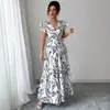 Primavera e Verão 2025 Amazon Novo Vestido Longo Estampado Sexy Emagrecedor com Decote V e Babados