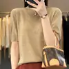 Cuello alto medio sin costuras liso color liso lana peinada fina adelgazante para commuting primera línea listo para usar tejido de punto de mujer media manga