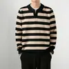 Transfronterizo Se Puede Enviar en Nombre de 25 Camisa de Otoño e Invierno Cuello Solapa Tejido de Punto Rayas Anchas Tejido de Punto para Hombre Joven 9