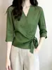 2026 Verano Nueva Moda Elegante Camisa de Manga Tres Cuartos con Cuello en V Adelgazante Blusa de Temperamento Adelgazante Primavera Verano Nicho Mujer