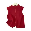 Chaleco de mujer, 100% lana pura, versátil para capas, chaleco de punto de un solo botón estilo coreano, aspecto de alta gama, rojo