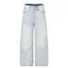 G60018 Calle Principal Estilo Americano Unisex Patrón Bigotes de Gato Diseño de Nieve Lavada de Gama Alta Jeans Holgados para Hombre