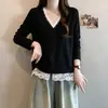 Moletom Feminino Plus Size Versátil Redutor de Idade Solto Emagrecedor 26 Outono Nova Moda Patchwork de Renda Falso Duas Peças