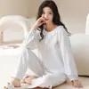 Pijama de Algodão Puro para Primavera e Outono para Mulheres, Manga Longa, Calça Longa, Gola Redonda, Pulôver, Doce, Fofo, Desenho Animado, Pode Ser Usado Fora de Casa, Roupa de Casa