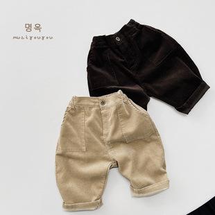 复古范~儿童灯芯绒裤子2023春季新款男女童韩版宽松阔腿裤森系潮