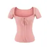 Camiseta Francesa Manga Curta com Decote U e Amarração para Mulheres Verão Slim Fit Cintura Marcada Design Valorizador Versátil Peça Básica de Nicho