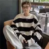 Suéter casual de invierno grueso a rayas jacquard de terciopelo de ciervo, estilo Hong Kong, holgado, con cuello redondo y manga larga, de moda, para adolescentes