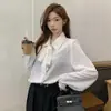 Camisa social com manga lanterna e laço, camisa branca para o trabalho para mulheres, top formal com design de fita