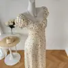 Vestido Francés de Verano 2026 Nuevo Floral Cuadrado con Lazo, Abertura, Volantes Franceses y Cordón para Mujer Europea y Americana