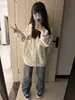 Moletom Cardigan com Capuz Branco e Cinza para Meninas e Mulheres, Novo Estilo Outono/Inverno 2026, Forrado com Fleece, Caimento Solto, Estilo Americano Preguiçoso, Jaqueta Estilo Coreano