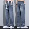 Calça Jeans Masculina Marca Tendência Perna Reta Solta 2026 Verão Fina Estilo Americano Cordão Casual Calças de Verão para Homens