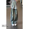 Jeans para hombre con estampado de bambú azul claro, rotos, dobladillo curvo desgastado, pantalones de verano estilo americano, pantalones de pierna ancha extralargos para personas altas.