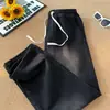 Calça jeans azul estilo retro americano trendy para homens, calça longa de perna larga lavada e desgastada, calça solta reta estilo high street