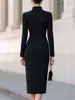 Venda Quente Transfronteiriça Vestido Preto de Gola Alta Manga Longa Feminino Slim Fit Justo no Quadril Comprimento Médio Fenda Vestido de Festa Peça Única Saia