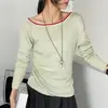Estilo Deseo Puro Cuello Asimétrico Hombros Descubiertos Tejido de Punto de Color Contrastante para Mujer Manga Larga Estilo Perezoso Suave Ajuste Delgado Plisado Versátil Top Pulóver