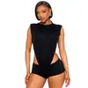 D9974 Amazon Europeu e Americano Mais Vendido Roupa Feminina Macacão Duas Peças Sexy Sem Mangas Gola Redonda com Recortes Laterais e Conjunto de Shorts