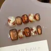 Folha de Bordo Conhece o OutonoUnhas Usáveis Olho de Gato Âmbar Feitas Puramente à Mão Outono/Inverno Vintage de Alta Qualidade Manicure Curta Marrom