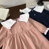 Vestido de Encaje para Niña 2025 Nuevo Llegada Otoño, Bloques de Color con Cuello Grande, Dobladillo Amplio Dulce, Estilo Coreano Vestido de Princesa