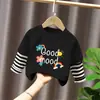 Camiseta de Manga Longa para Meninas, Estilosa para Primavera e Outono, Tendência, Color-Blocked, Algodão Puro, Estampa de Desenho Animado, Falso Duas Peças, Top com Gola Redonda para Crianças Maiores